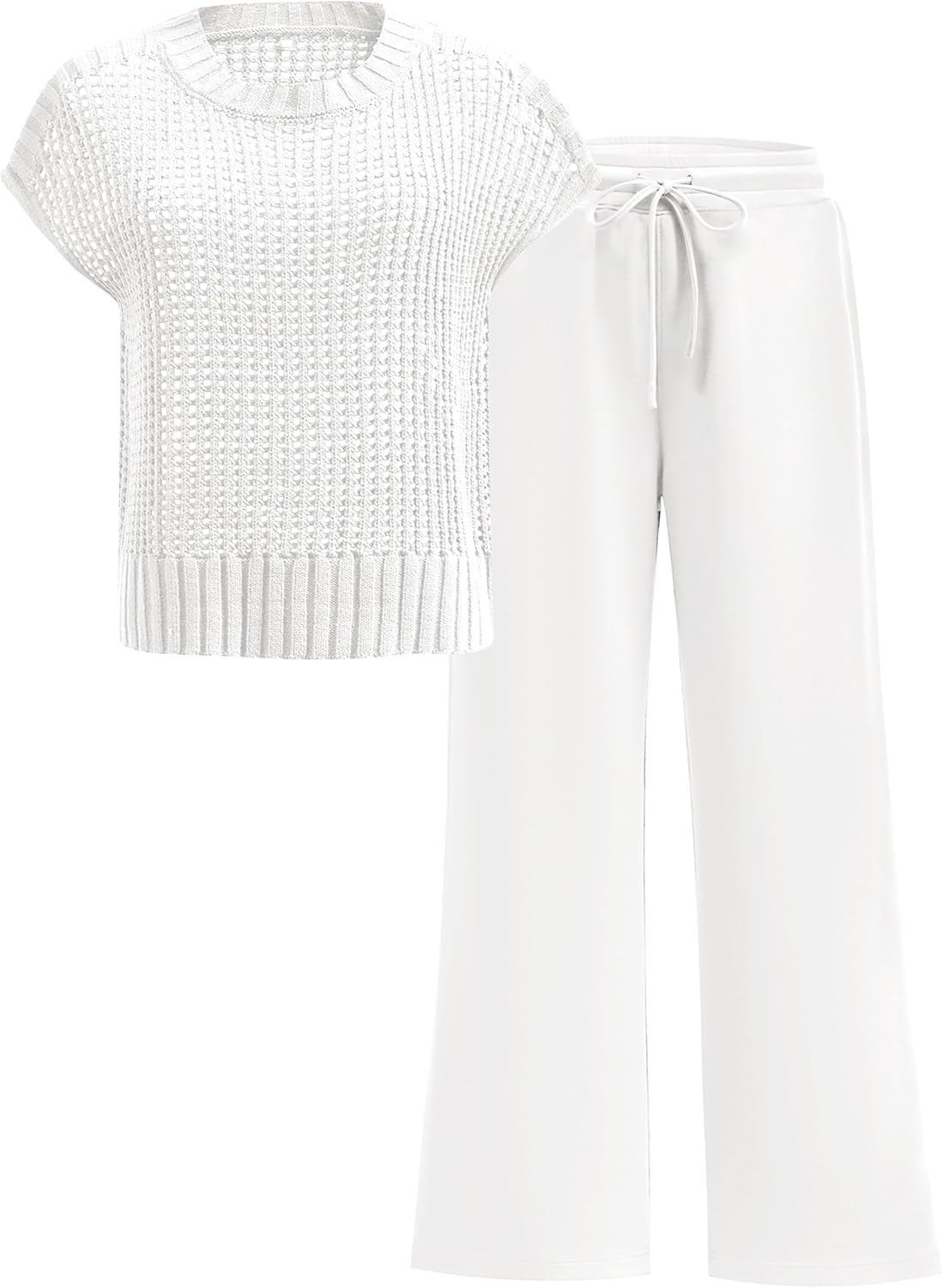 Women Two Piece Outfits Crochet Sheer Knit Sweater Top Wide Leg Pants Lounge Matching Sets Sweatsuit Travel Clothes