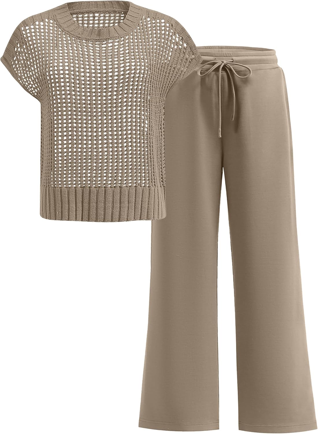 Women Two Piece Outfits Crochet Sheer Knit Sweater Top Wide Leg Pants Lounge Matching Sets Sweatsuit Travel Clothes