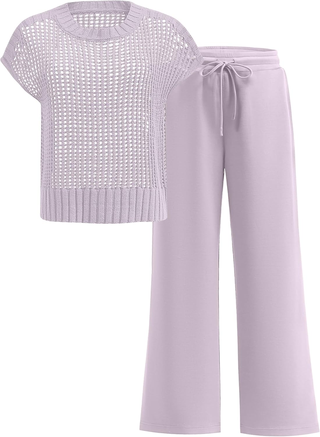 Women Two Piece Outfits Crochet Sheer Knit Sweater Top Wide Leg Pants Lounge Matching Sets Sweatsuit Travel Clothes