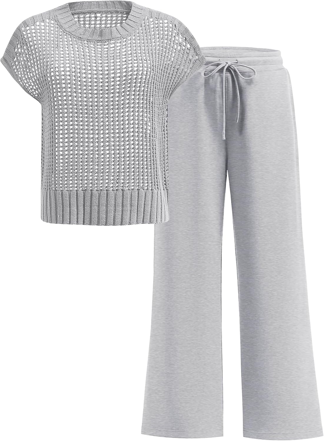 Women Two Piece Outfits Crochet Sheer Knit Sweater Top Wide Leg Pants Lounge Matching Sets Sweatsuit Travel Clothes