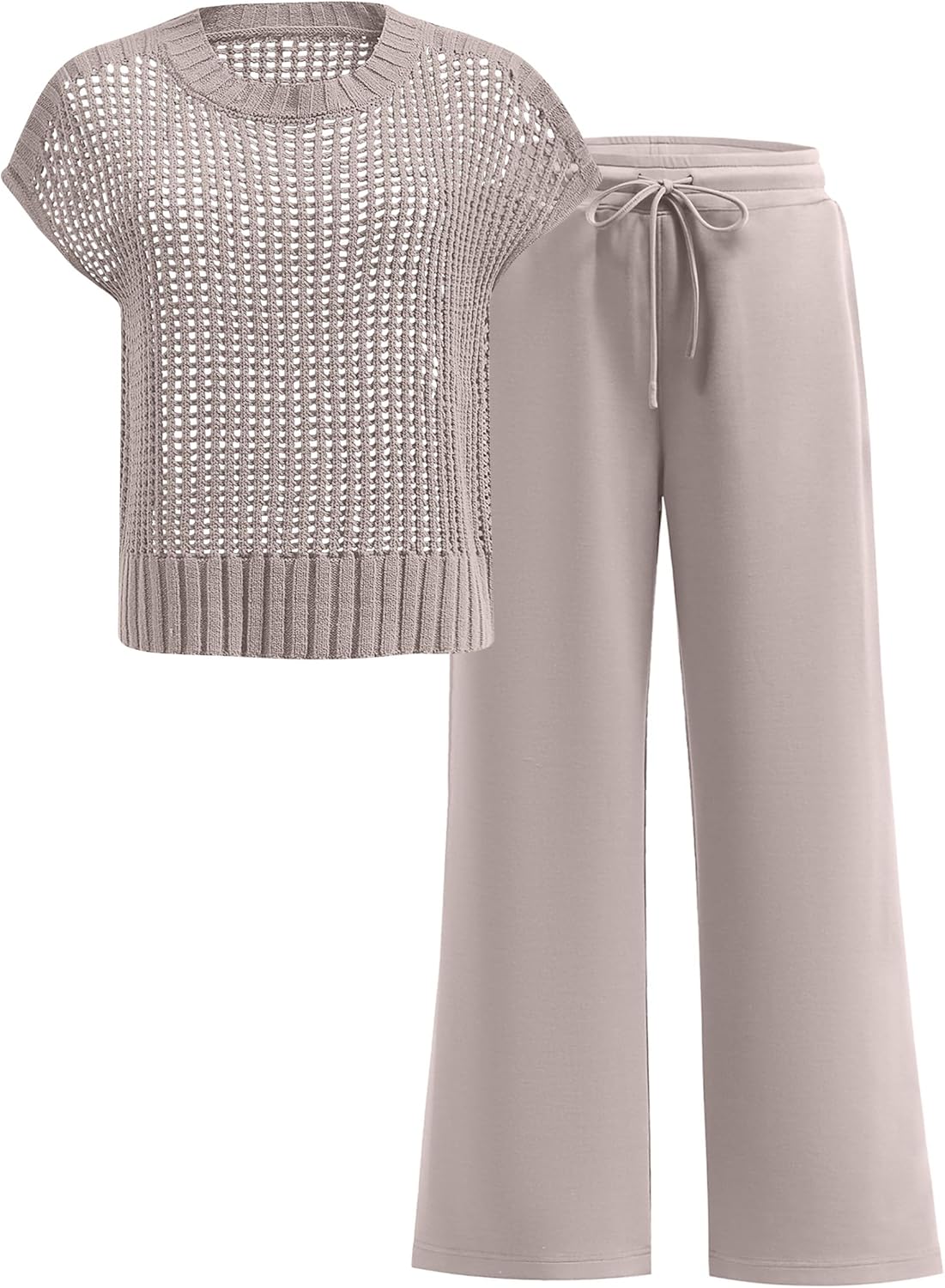 Women Two Piece Outfits Crochet Sheer Knit Sweater Top Wide Leg Pants Lounge Matching Sets Sweatsuit Travel Clothes