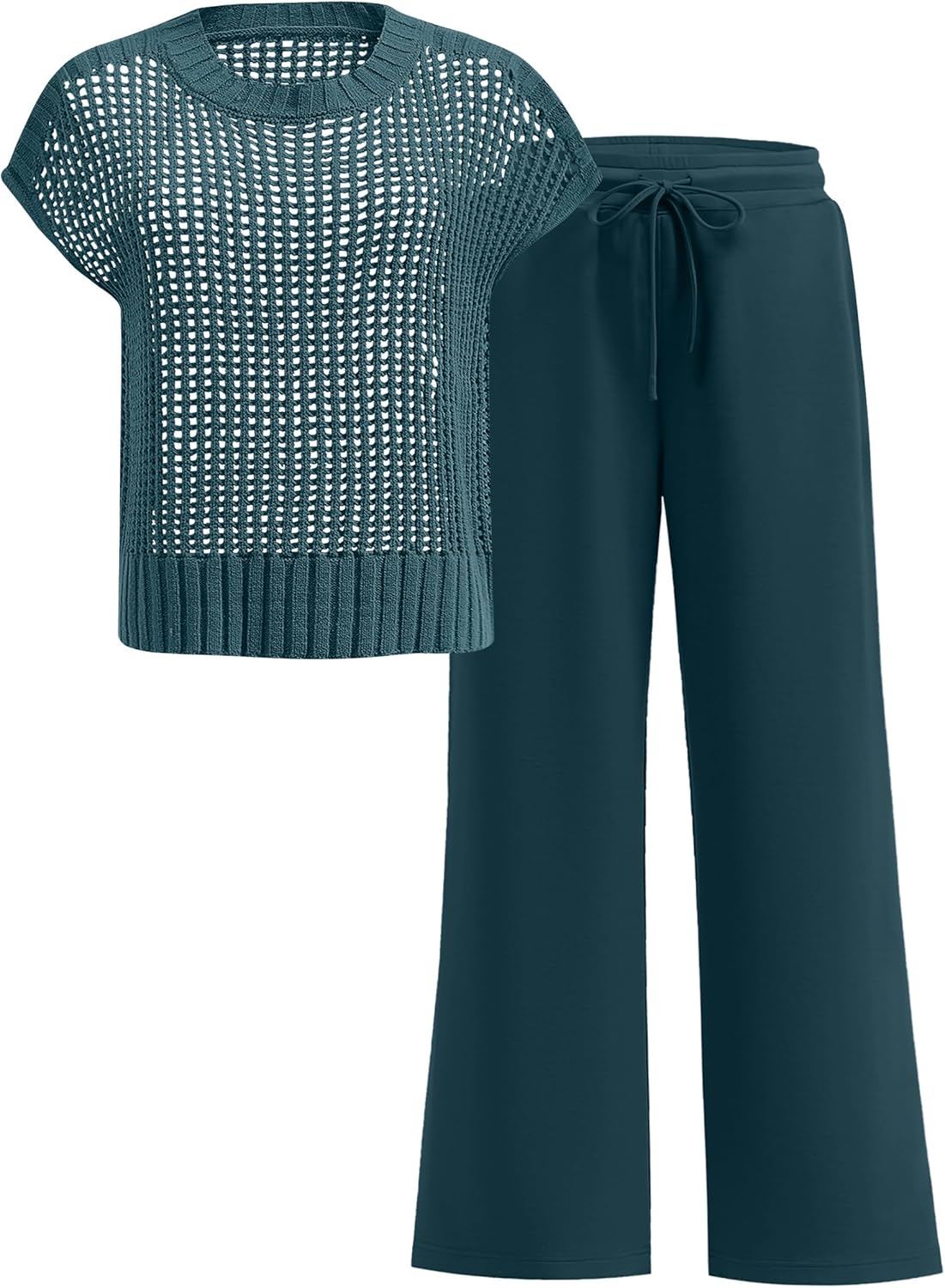 Women Two Piece Outfits Crochet Sheer Knit Sweater Top Wide Leg Pants Lounge Matching Sets Sweatsuit Travel Clothes