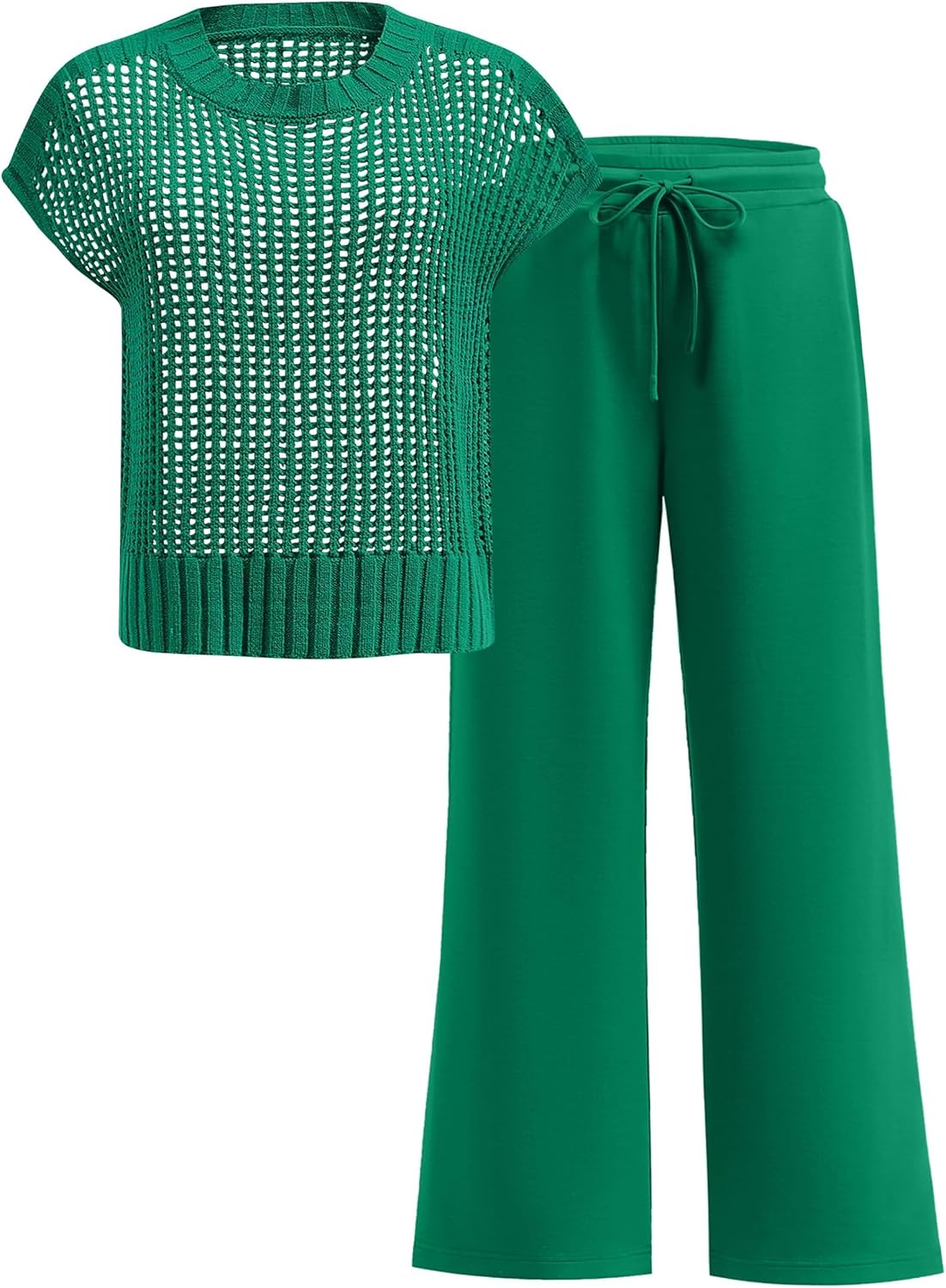 Women Two Piece Outfits Crochet Sheer Knit Sweater Top Wide Leg Pants Lounge Matching Sets Sweatsuit Travel Clothes