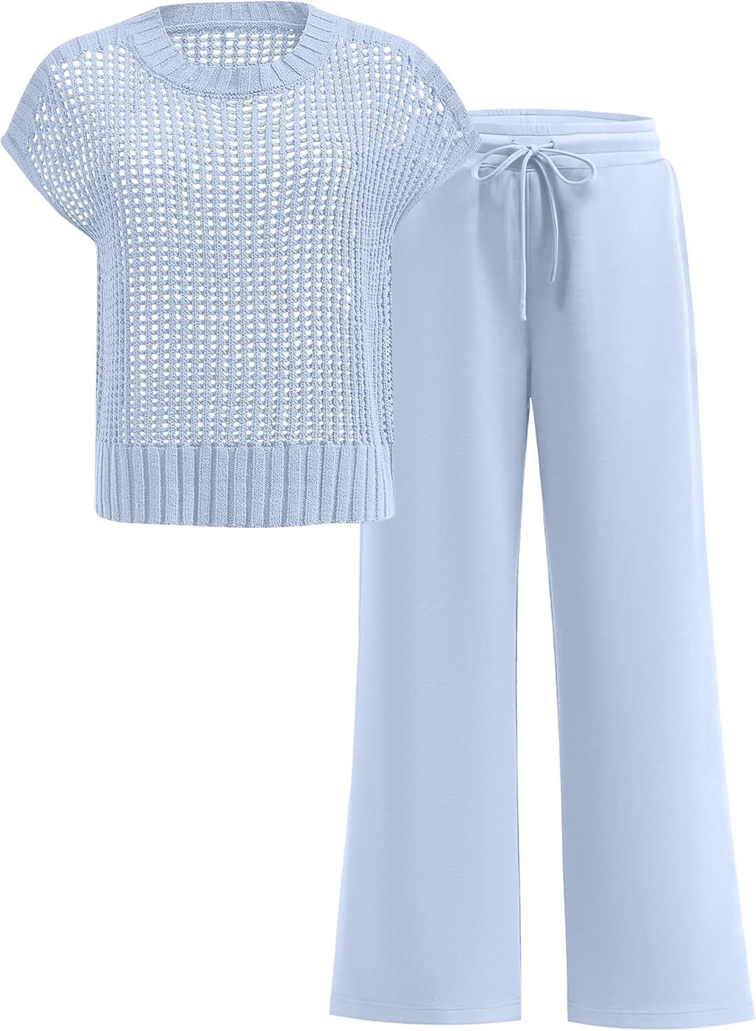 Women Two Piece Outfits Crochet Sheer Knit Sweater Top Wide Leg Pants Lounge Matching Sets Sweatsuit Travel Clothes