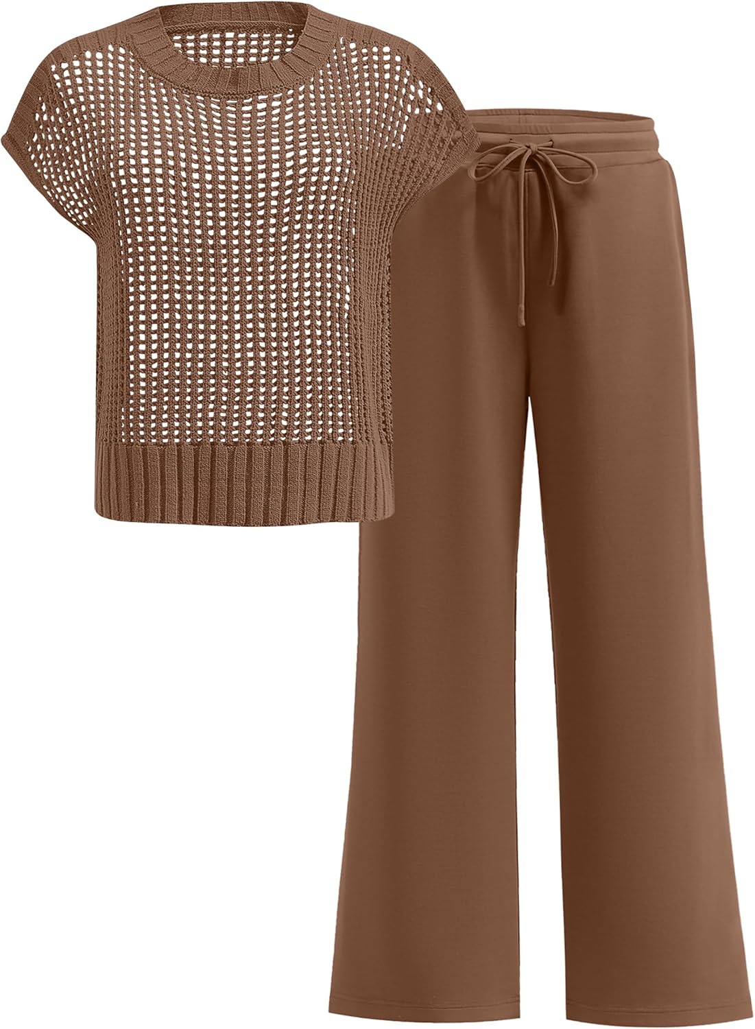 Women Two Piece Outfits Crochet Sheer Knit Sweater Top Wide Leg Pants Lounge Matching Sets Sweatsuit Travel Clothes