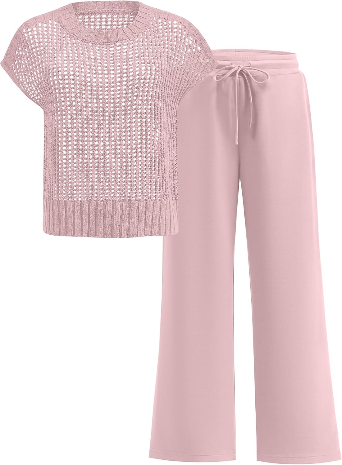Women Two Piece Outfits Crochet Sheer Knit Sweater Top Wide Leg Pants Lounge Matching Sets Sweatsuit Travel Clothes