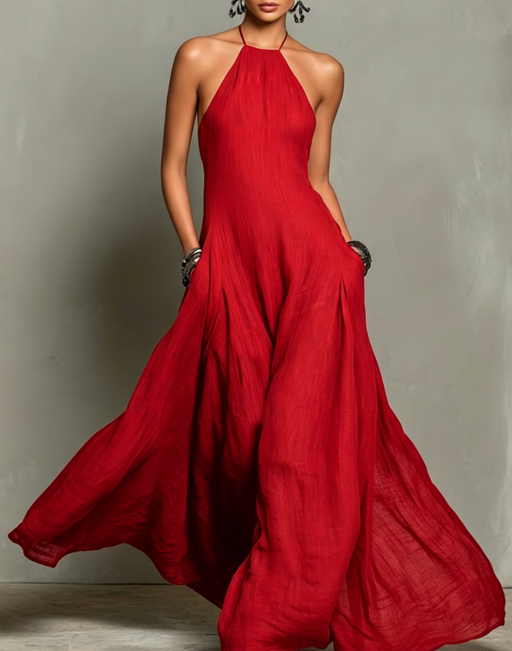 Women's Minimalist Linen Blend Halter Neck Sleeveless Maxi Dress