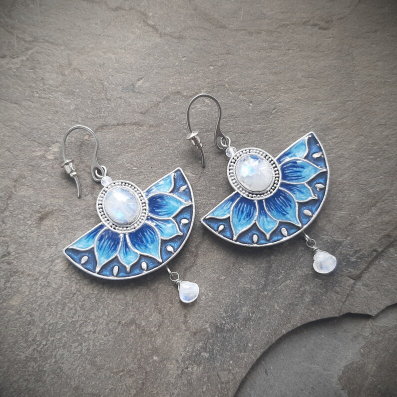 Blue Moonstone Lotus large fan-shaped earrings Medieval fantasy inspired floral jewelry image 9