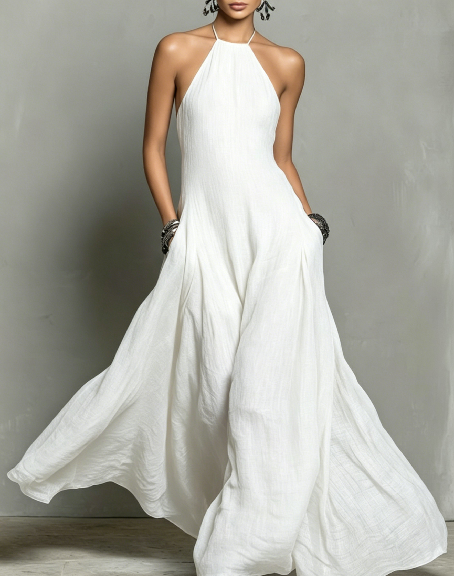 Women's Minimalist Linen Blend Halter Neck Sleeveless Maxi Dress
