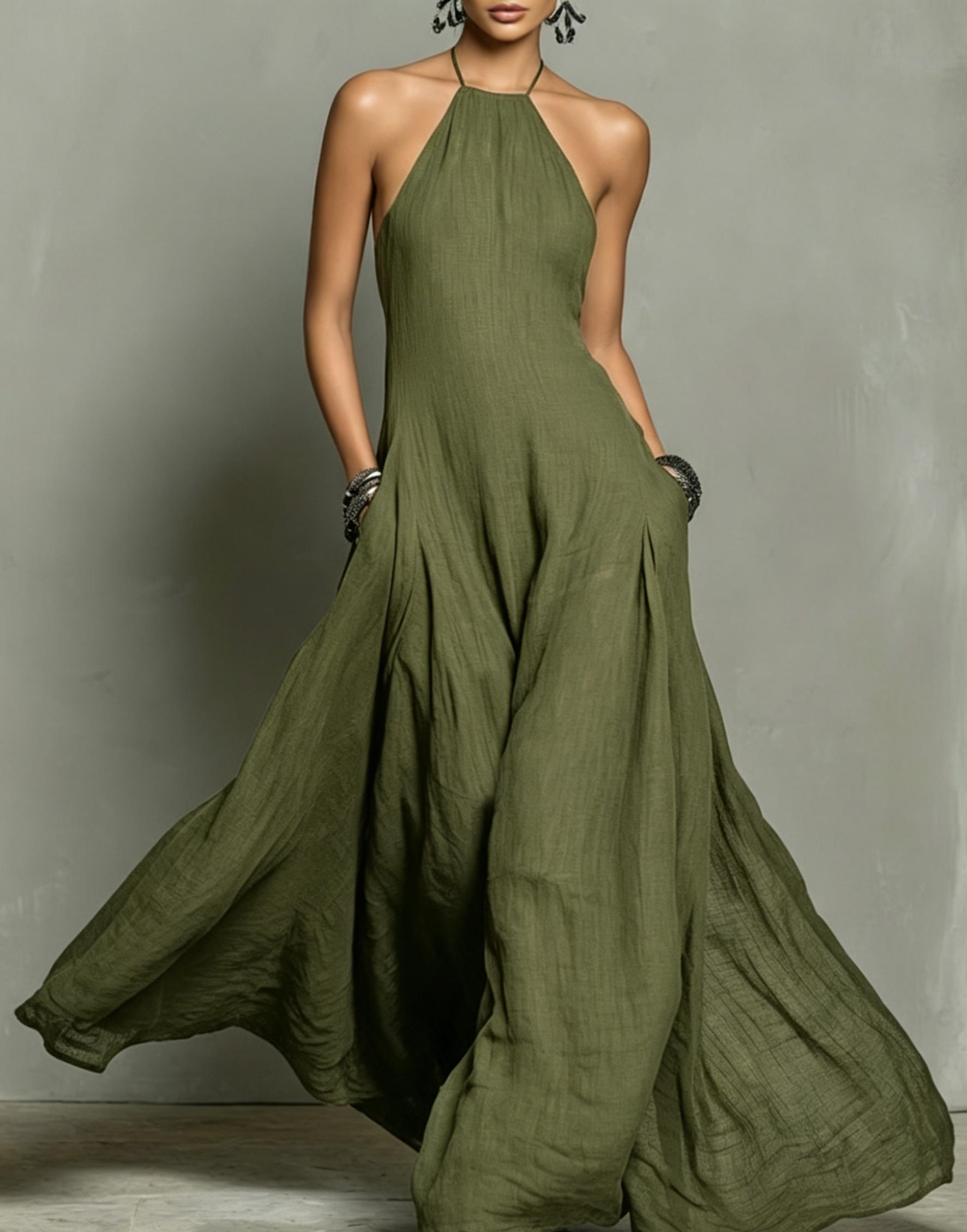 Women's Minimalist Linen Blend Halter Neck Sleeveless Maxi Dress