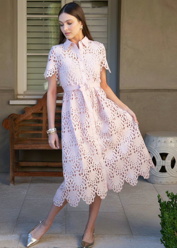 Robin Belted Short Sleeve Lace Midi Dress