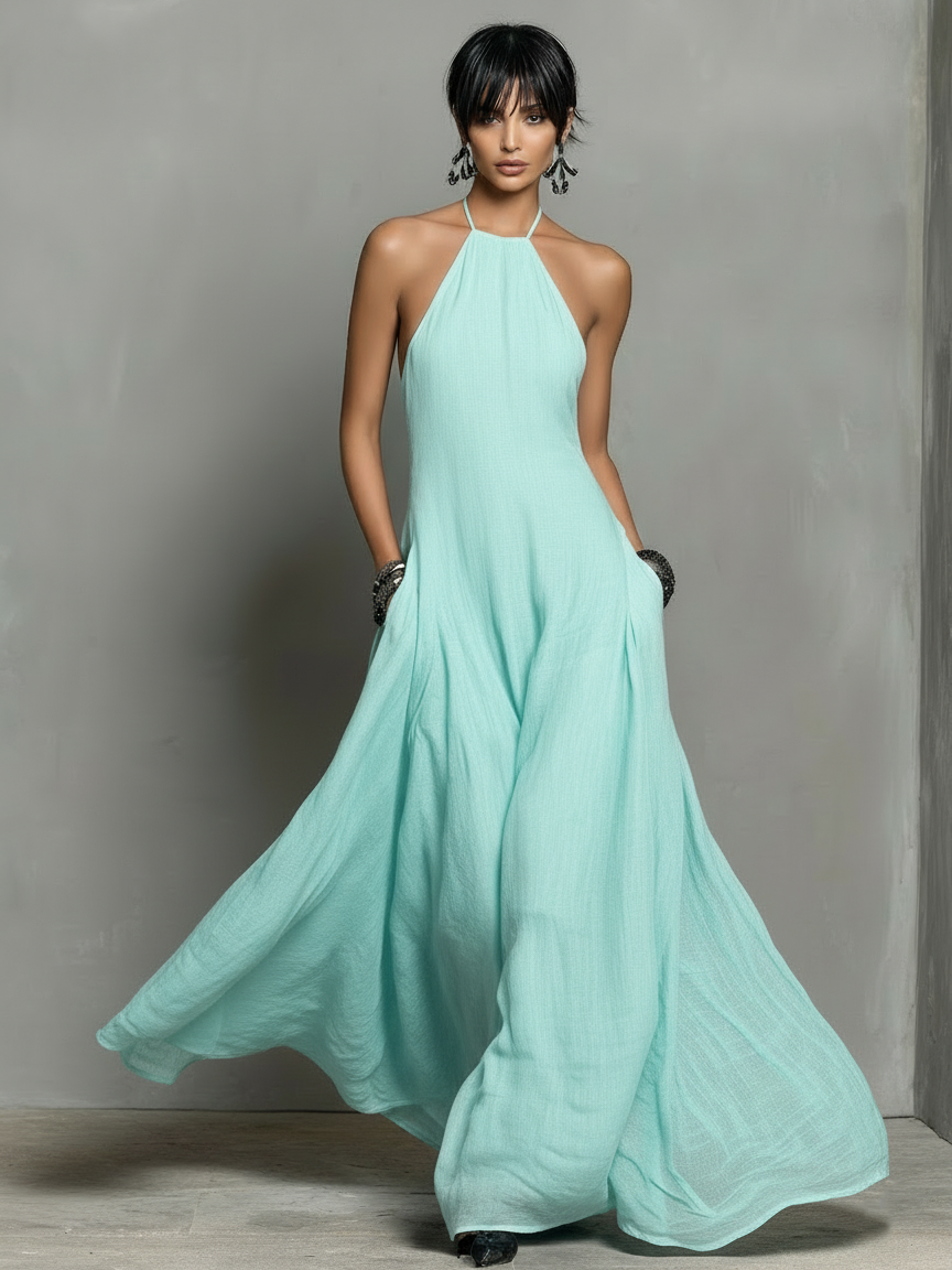 Women's Minimalist Linen Blend Halter Neck Sleeveless Maxi Dress
