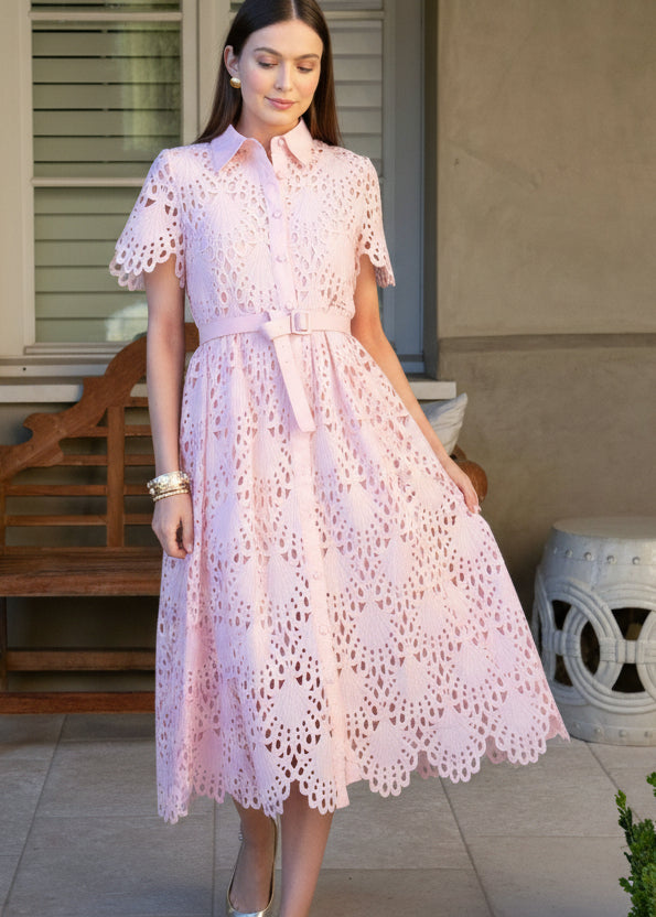 Robin Belted Short Sleeve Lace Midi Dress