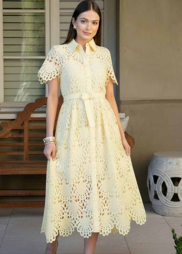 Robin Belted Short Sleeve Lace Midi Dress