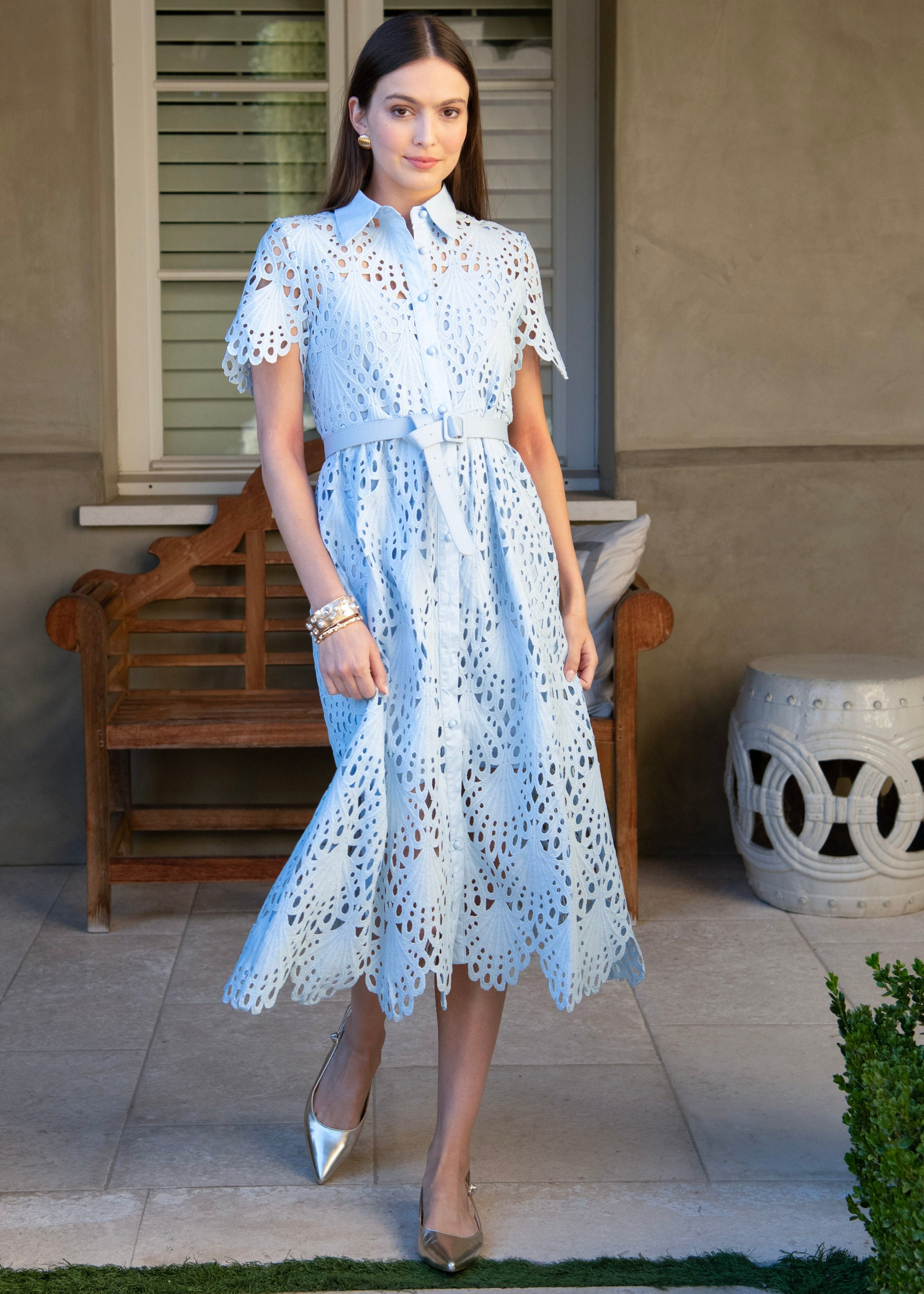 Robin Belted Short Sleeve Lace Midi Dress