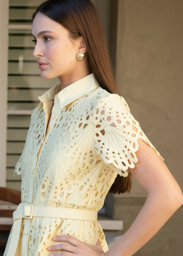 Robin Belted Short Sleeve Lace Midi Dress