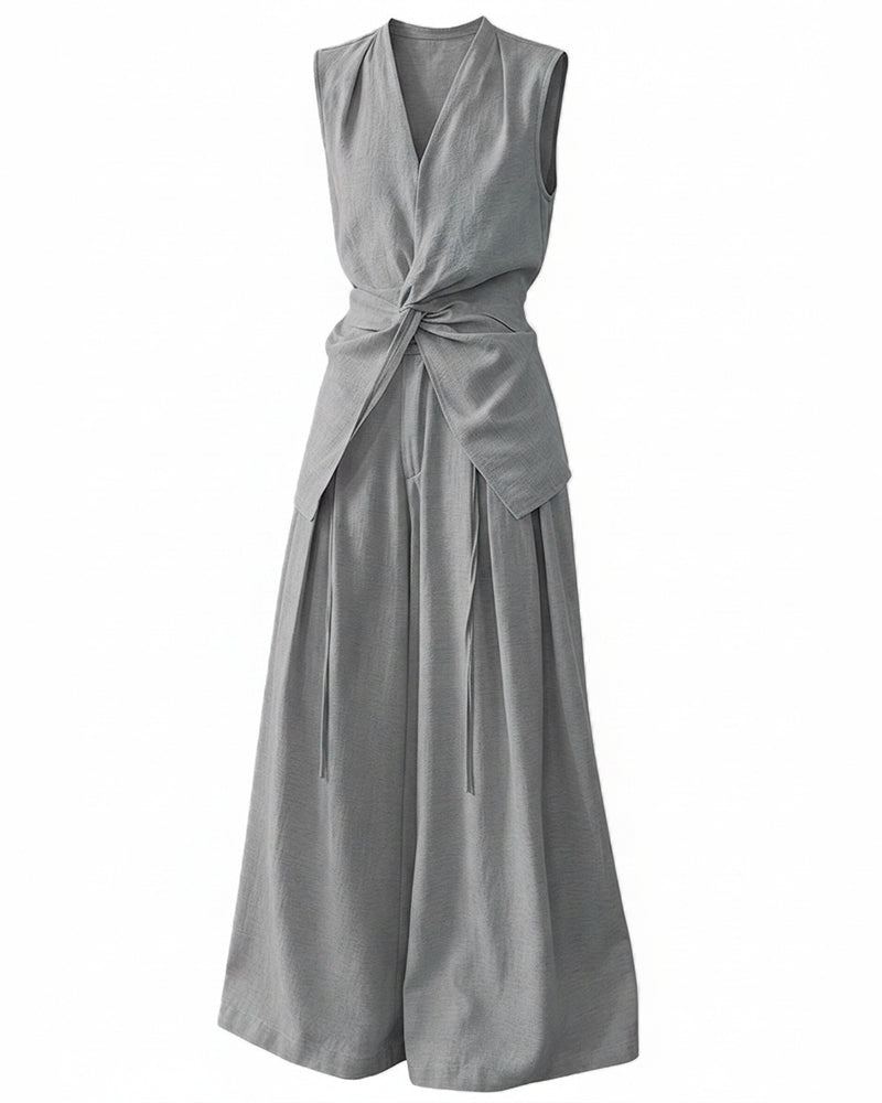 Casual Two-piece Set: Floral-print Linen & Cotton Top And Solid-color Trousers