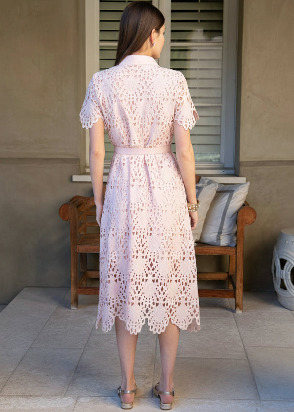 Robin Belted Short Sleeve Lace Midi Dress