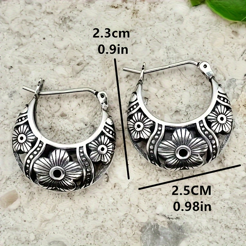 vintage boho silvery plated hoop earrings   alloy with stainless steel ear needle unique floral pattern for women 3