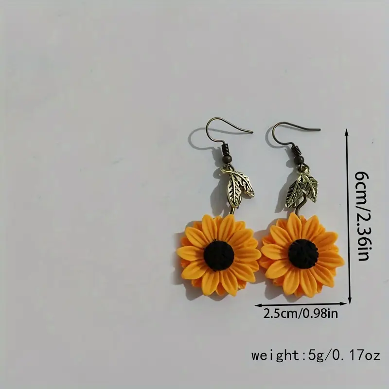 bohemian style sunflower drop earrings with metallic leaf accents   alloy hook design for weddings summer events bohemian earrings 3