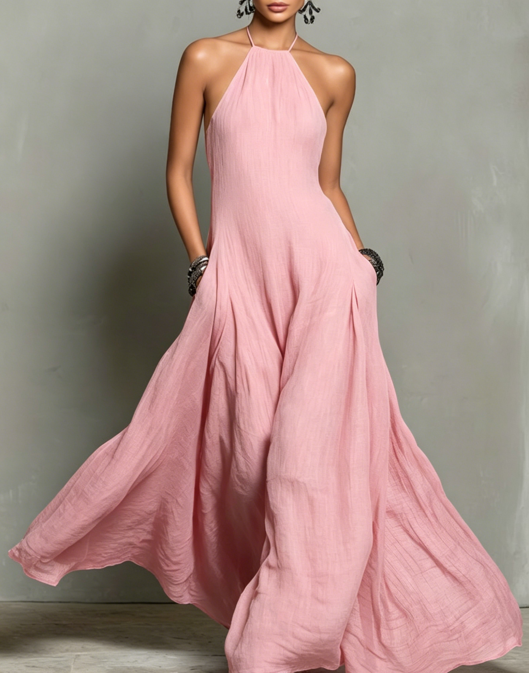 Women's Minimalist Linen Blend Halter Neck Sleeveless Maxi Dress