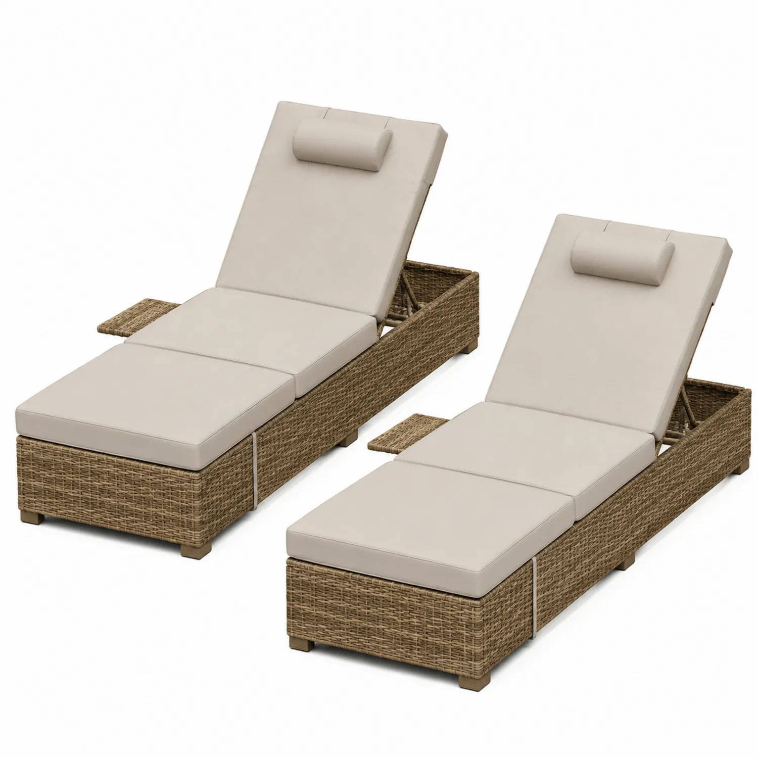 Conjunto de 2 Tumbonas de Ratán Sintético Marrón con Cojines Beige-Casabonitaix
