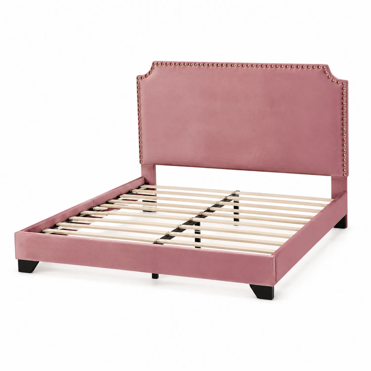 Cama de Madera y Terciopelo Rosa con Cabecero Decorativo-Casabonitaix