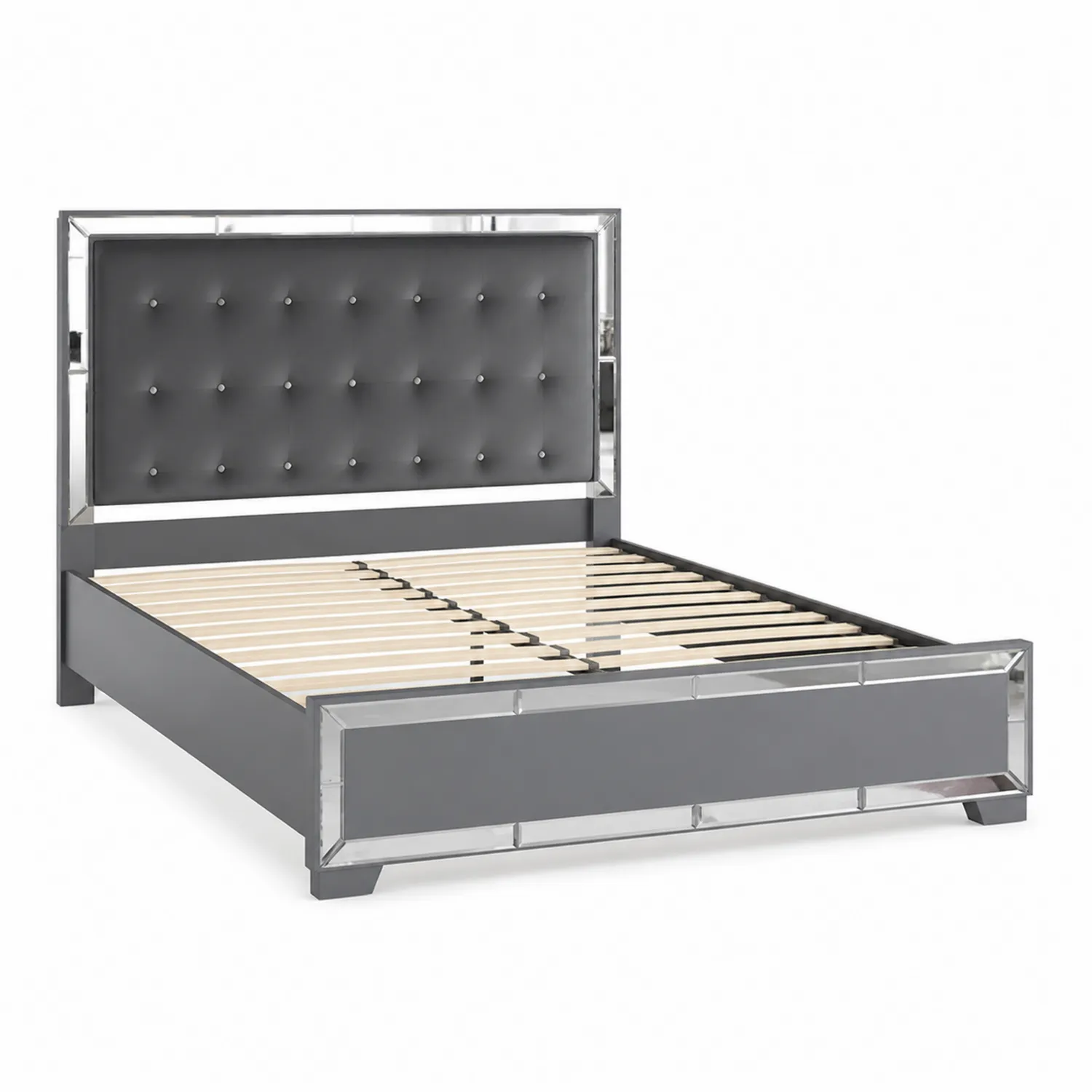 Cama de panel con cabecero de PU gris y detalles de espejo-Casabonitaix