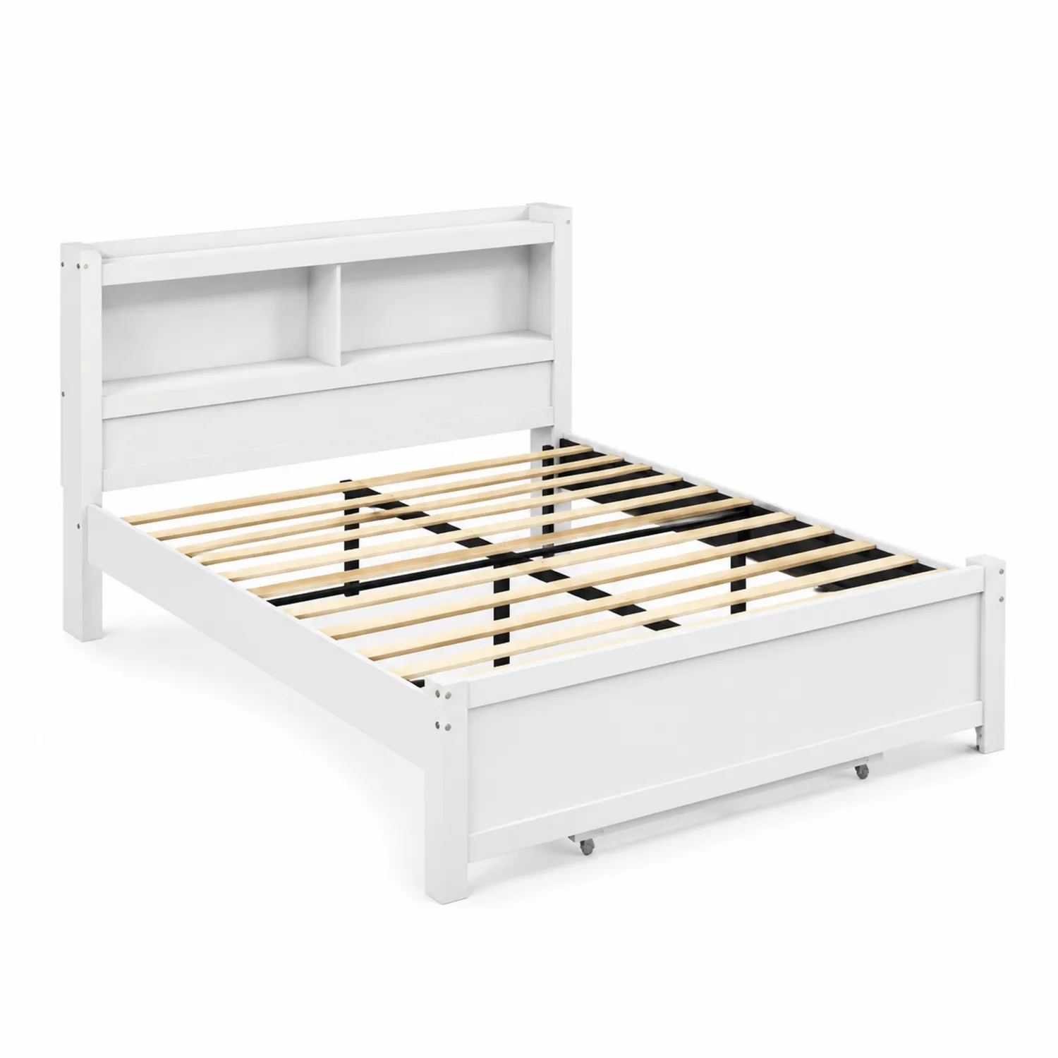 Cama de madera de pino blanco con cabecero estantería 200x160 cm