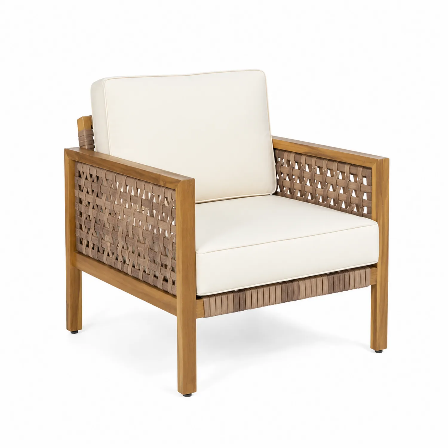 Sillón de madera de teca y cuerda sintética crema