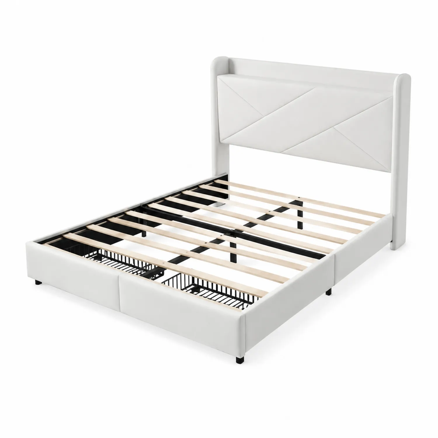 Cama doble con cabecero tapizado en cuero sintético blanco 200x160 cm