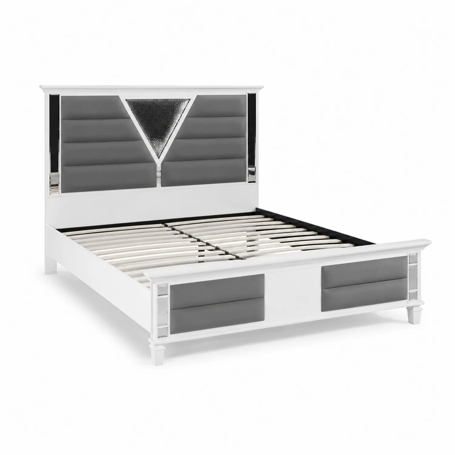 Cama doble de madera con cabecero de cuero sintético gris y espejos 200x160 cm