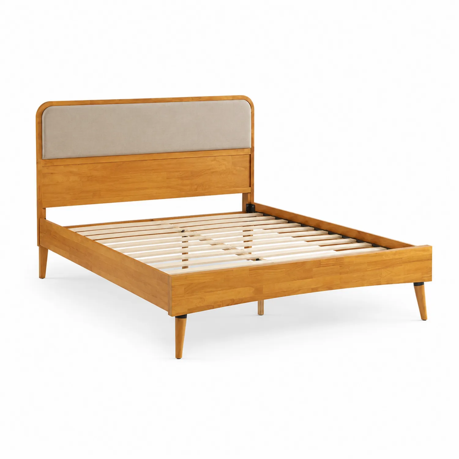 Cama de madera con cabecero tapizado beige