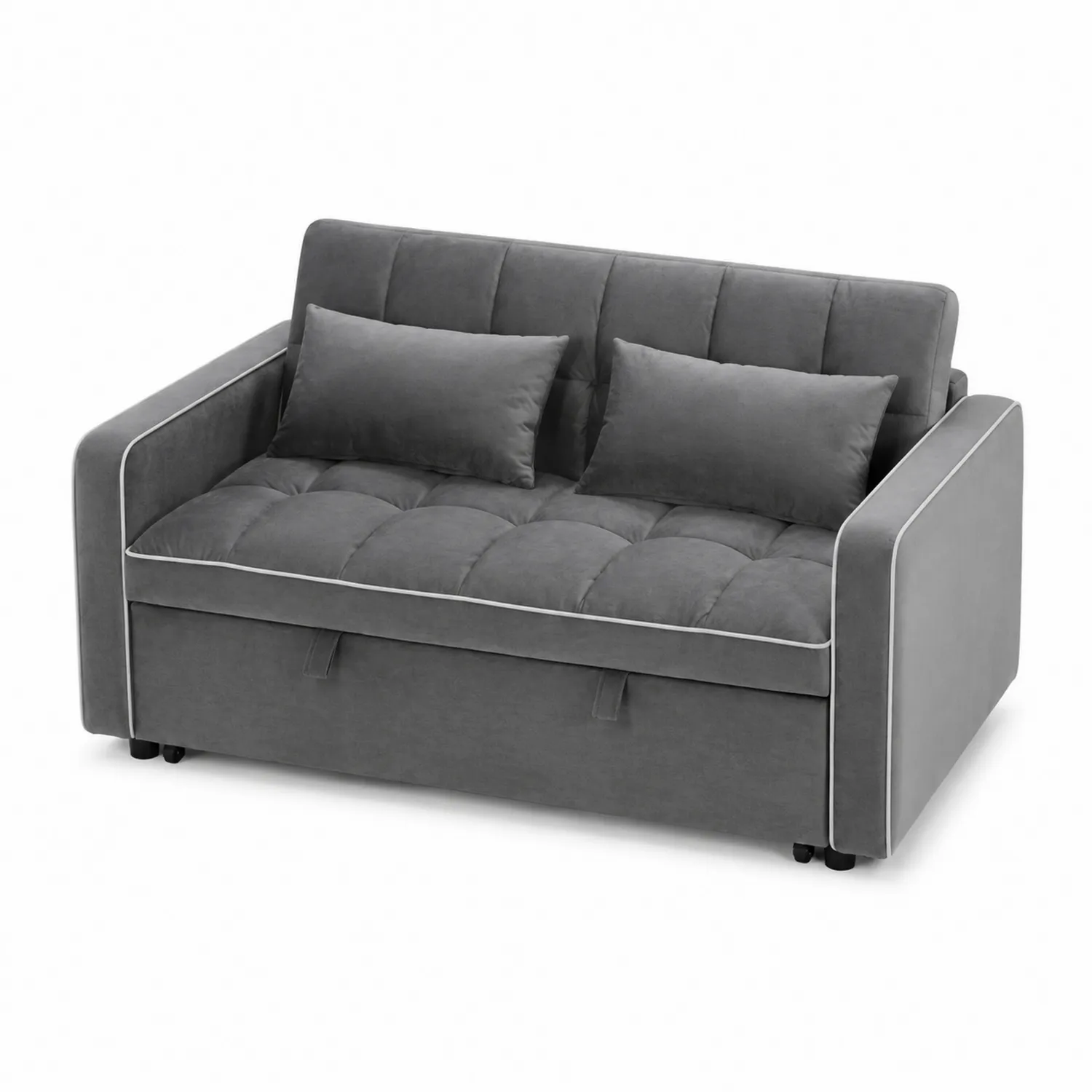 Sofá cama de madera y MDF con tapizado de terciopelo gris y cojines 180x90x85 cm