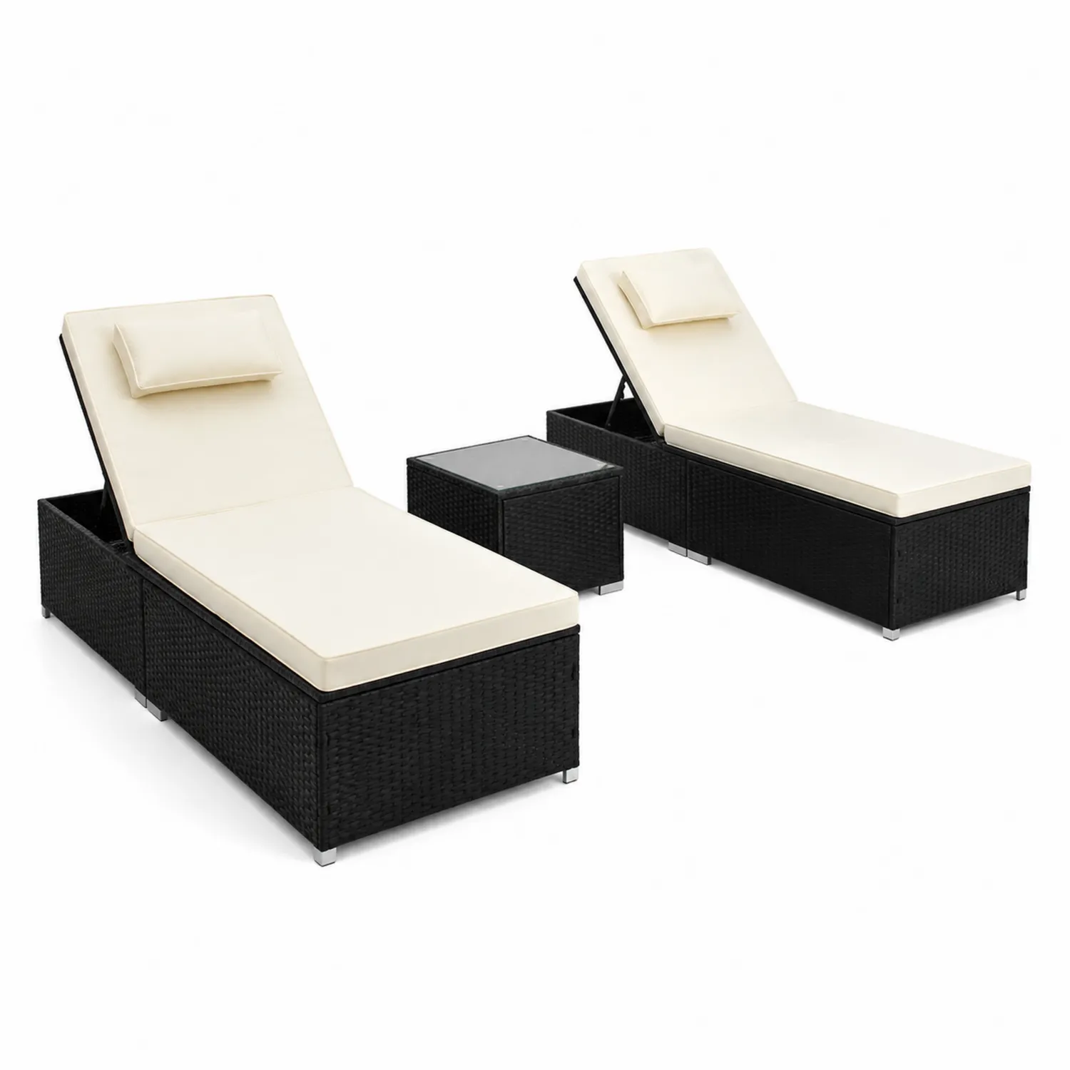 Conjunto de Tumbonas de Ratán PE Negro y Beige con Cojines y Mesa