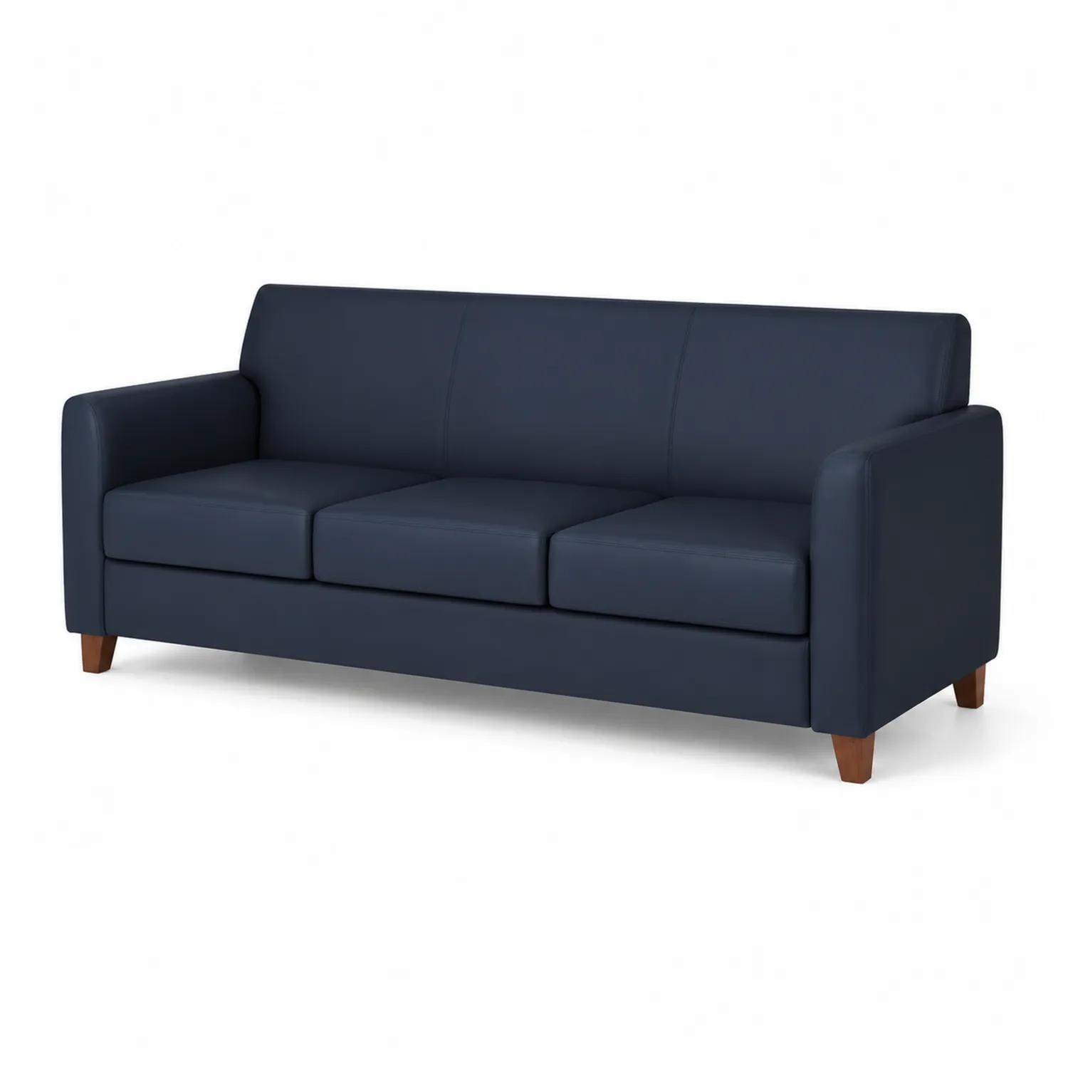 Sofá de tres plazas en piel sintética azul con patas de madera 200x90x85 cm