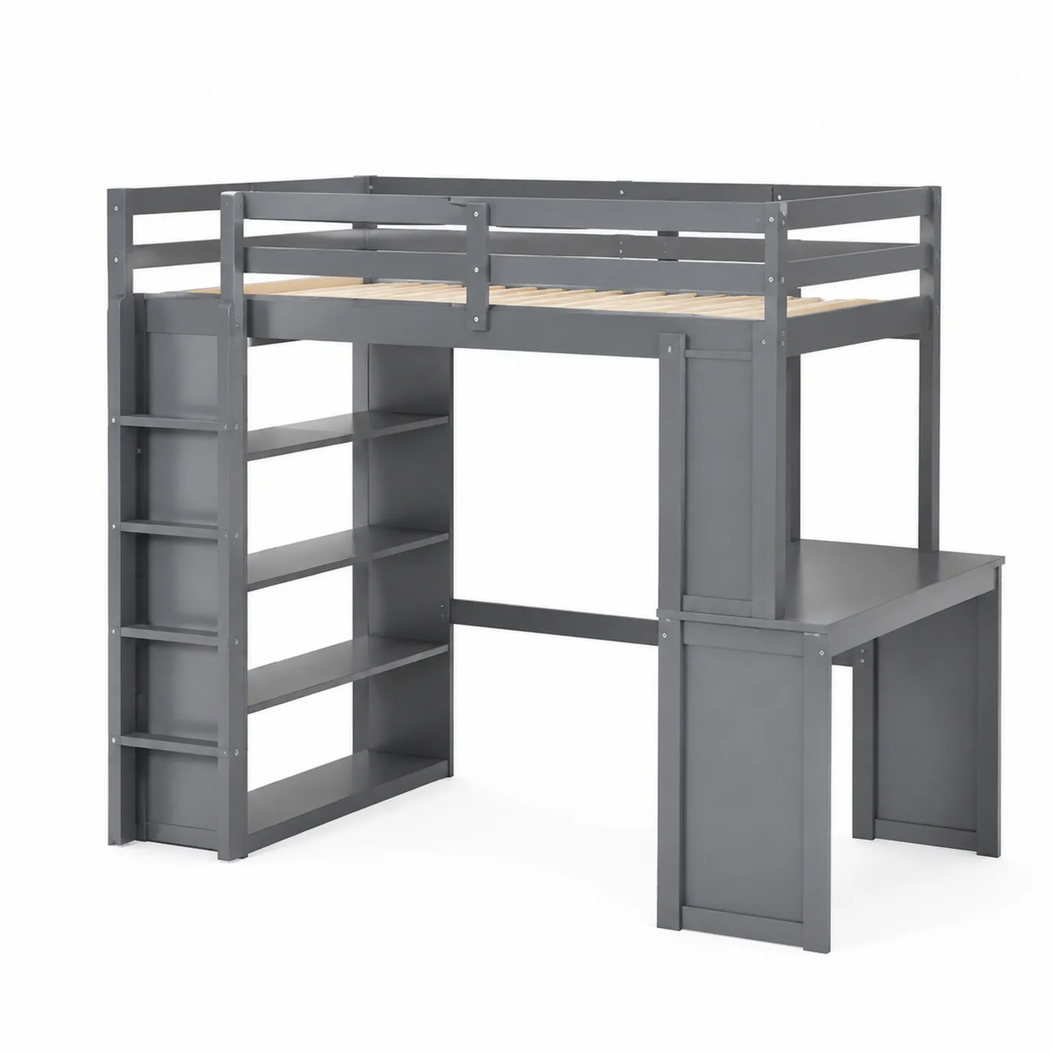 Litera alta de madera con escritorio y estantería integrada Gris
