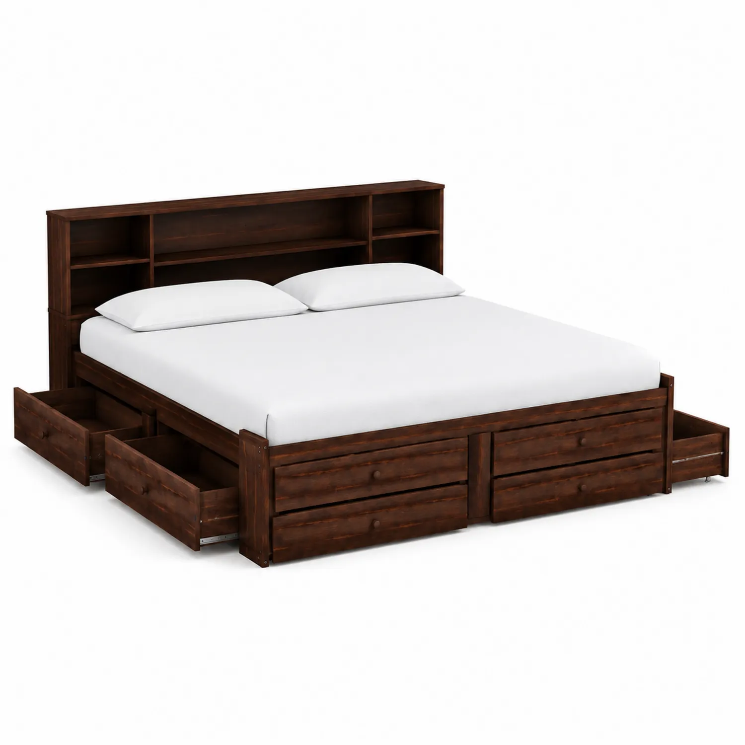Cama de madera con cajones y estantería 200x150 cm Marrón