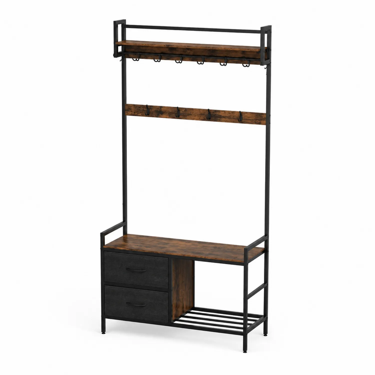 Perchero de Metal y Madera con Cajones 180x100x35cm Negro y Marrón