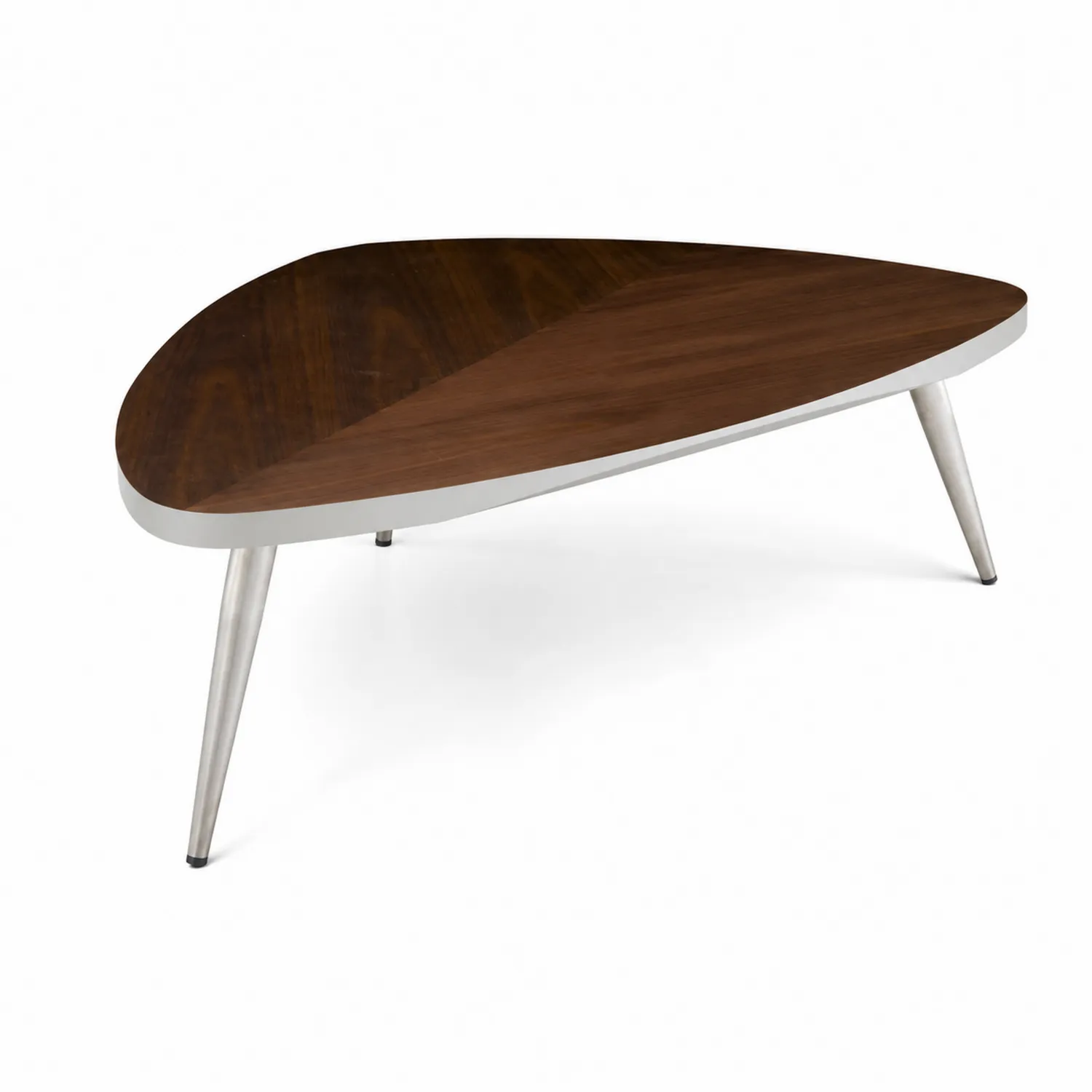 Mesa de centro de madera de nogal y metal cromado triangular