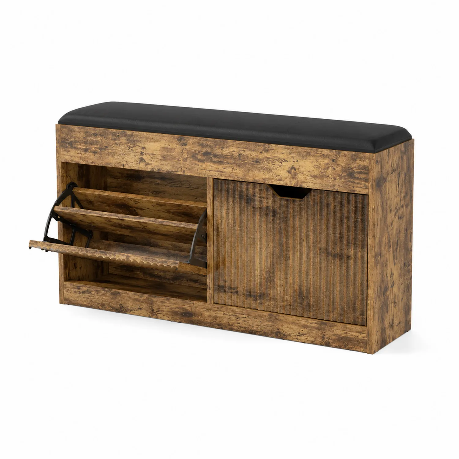 Banco de madera para almacenamiento de zapatos con cojín de PU negro, 102 cm