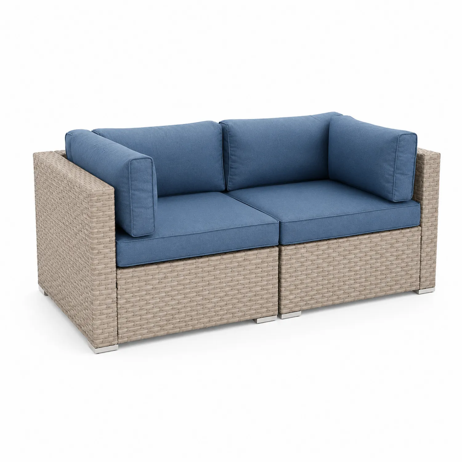 Sofá modular de ratán sintético con cojines azul y beige