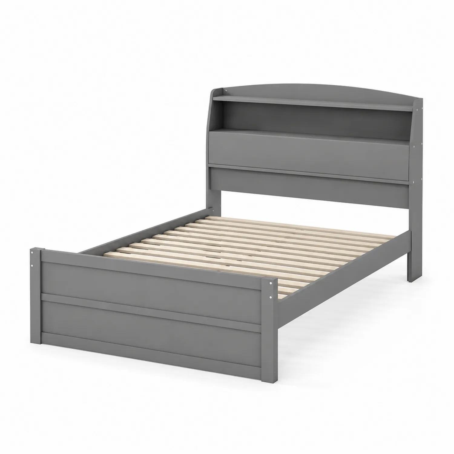 Cama de madera gris con cabecero y estantería 200x140 cm