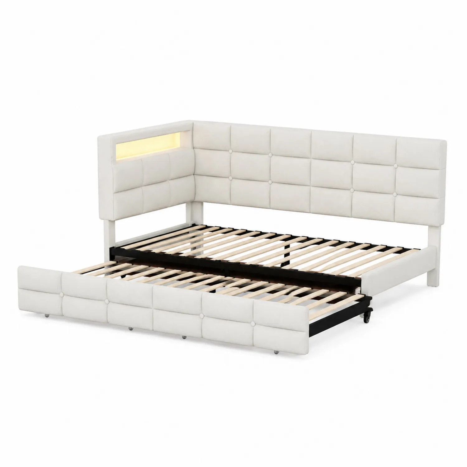 Cama de día de madera tapizada en poliéster blanco con luz LED