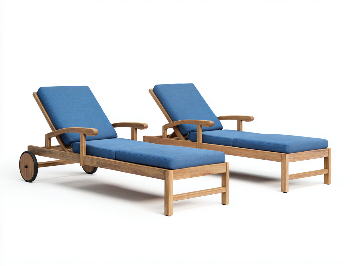 Bain de soleil bois 200x70x88 cm bleu pour extérieur - design réglable avec accoudoirs et roulettes-Lozoahome