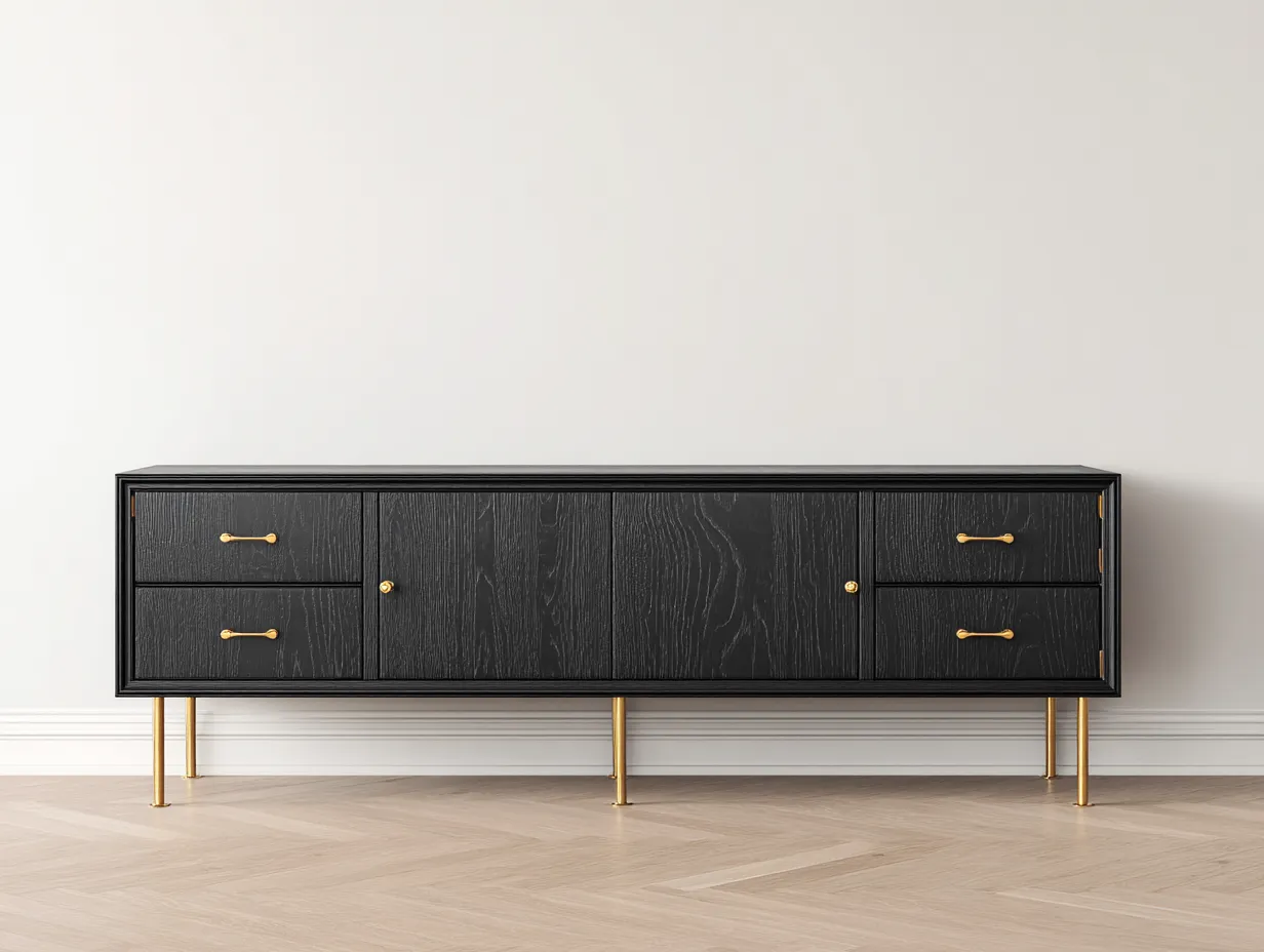 Meuble d'entrée bois 190x45x78 cm noir-doré pour intérieur - design moderne avec tiroirs et rangements fermés-Lozoahome