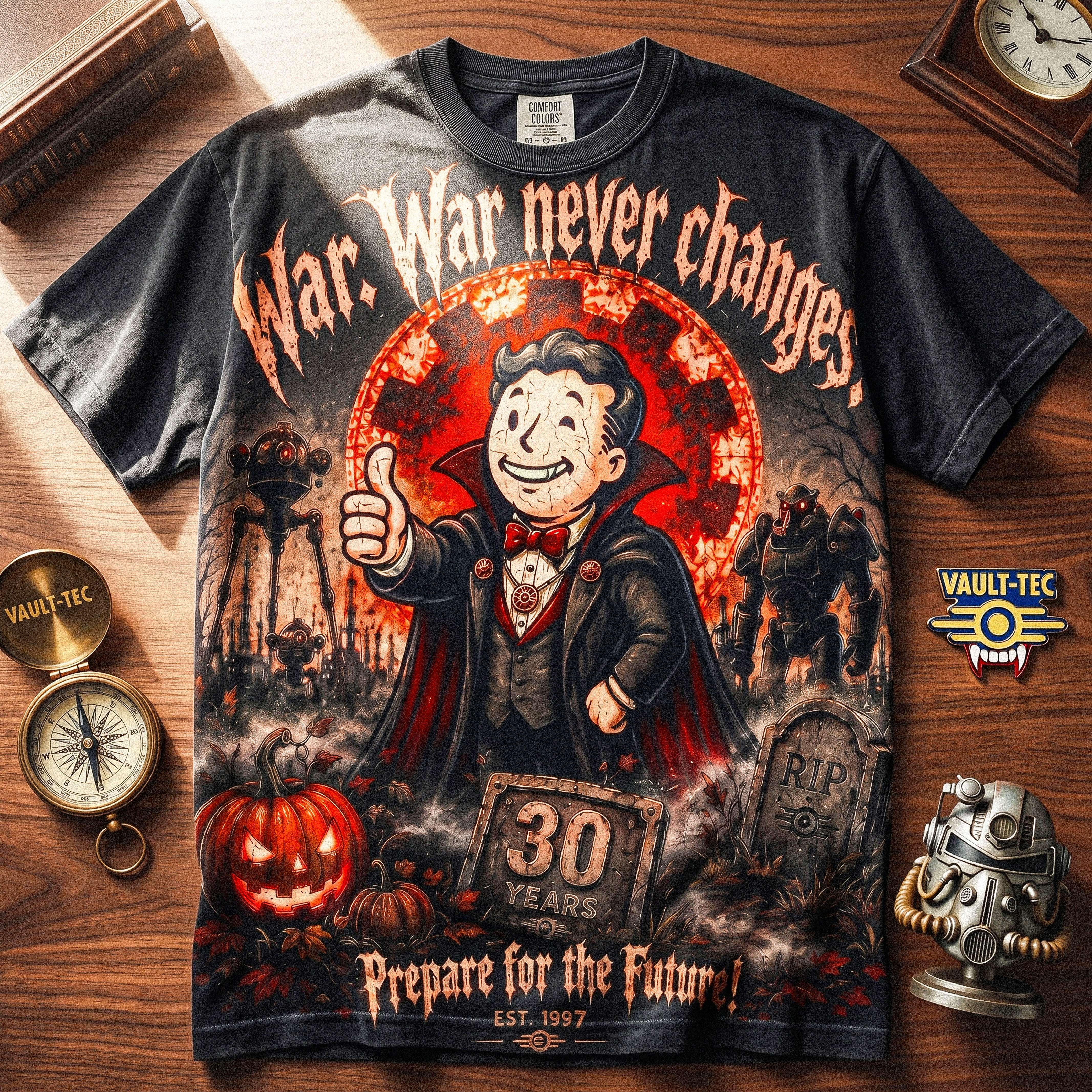 War Never Changes Halloween Graphic Tee – Retro Wasteland Vampire Gamer T-Shirt