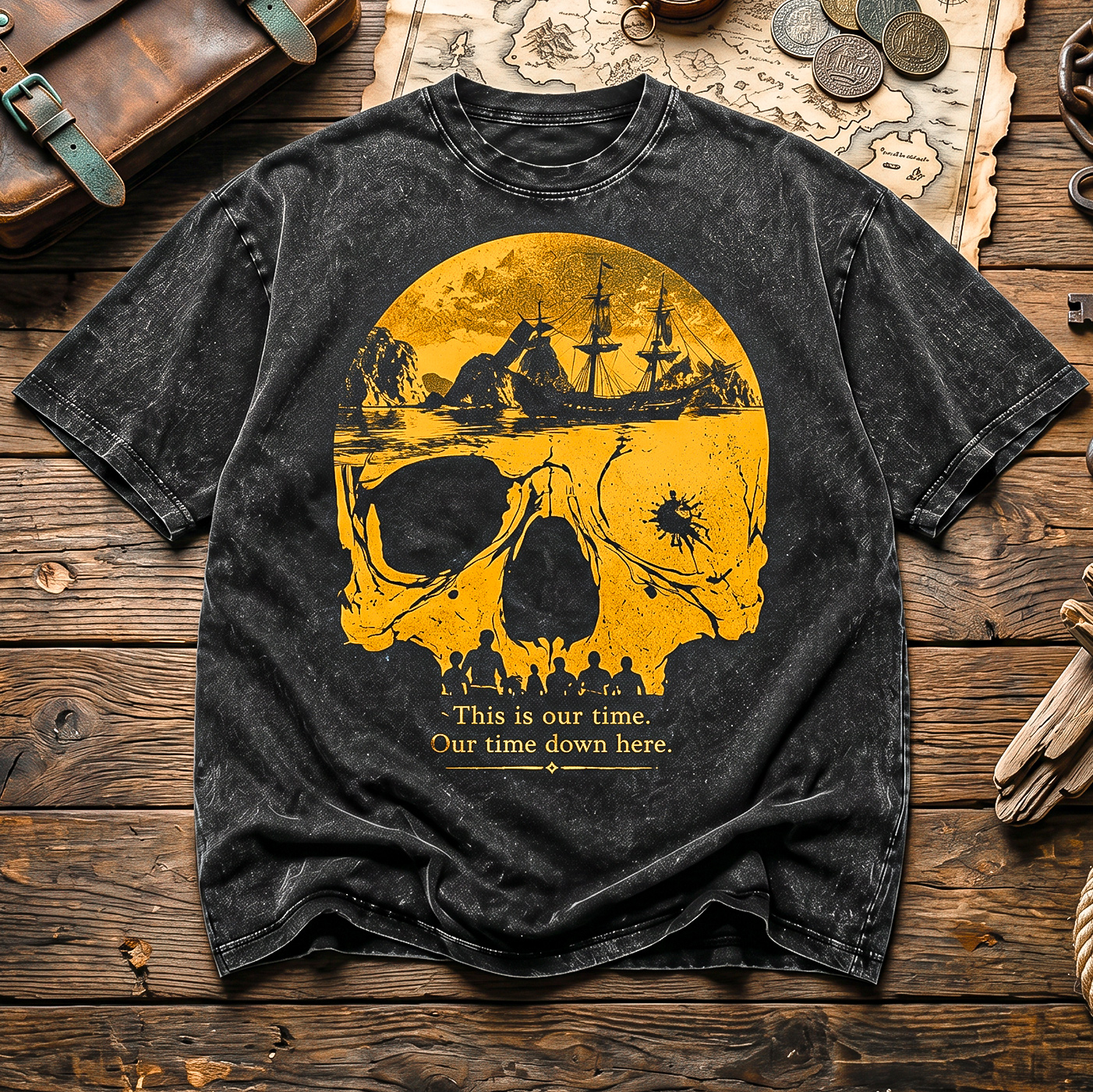 Vintage Skull Pirate Graphic Washed T-Shirt for Men