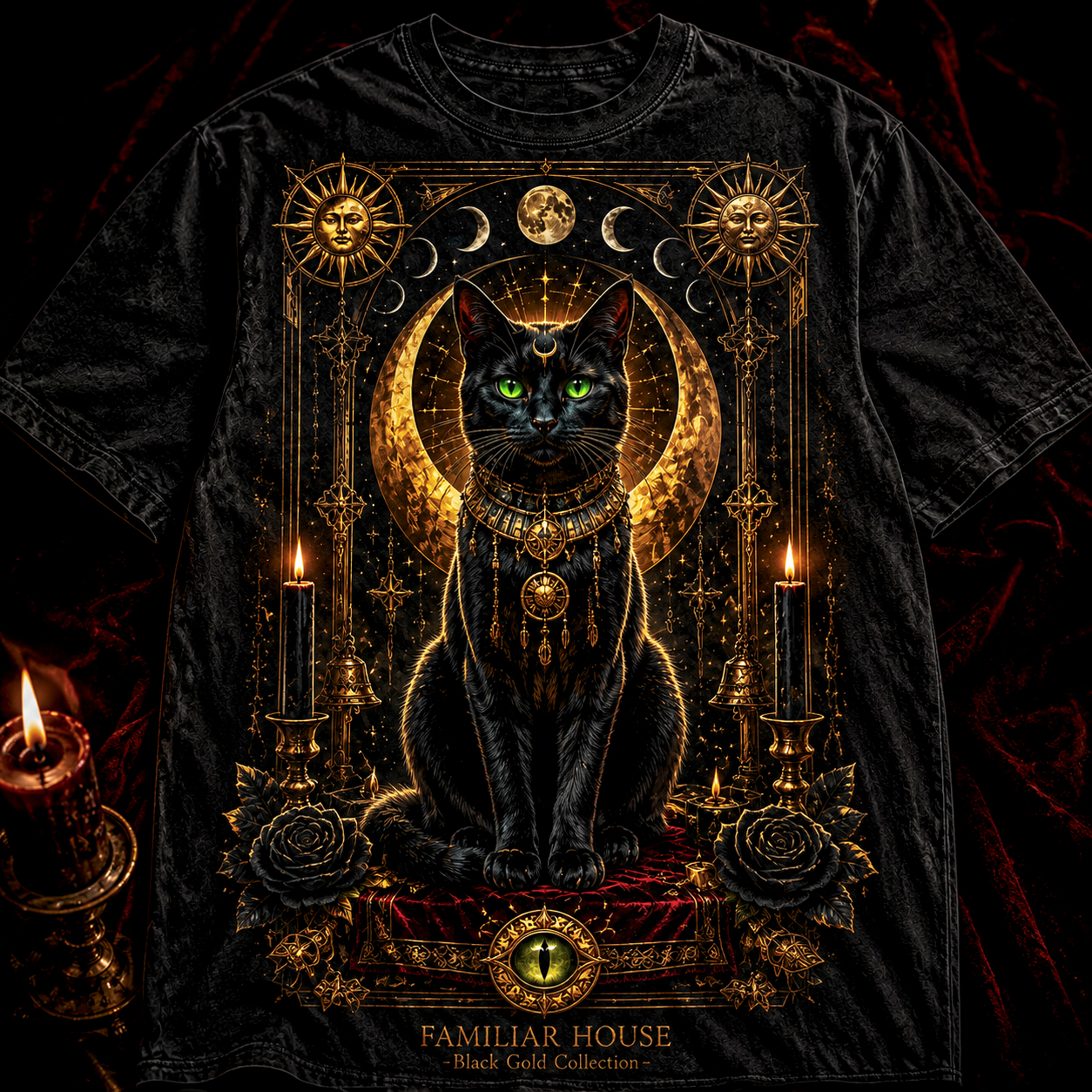 Familiar House Black Gold Occult Cat Graphic T-Shirt