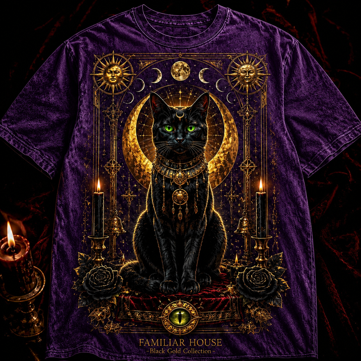 Familiar House Black Gold Occult Cat Graphic T-Shirt